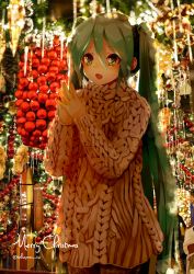 Rule 34 | 1girl, :d, aqua eyes, aqua hair, bad id, bad pixiv id, beige sweater, christmas, christmas ornaments, decorations, hair between eyes, hatsune miku, highres, long hair, long sleeves, merry christmas, open mouth, own hands together, smile, solo, sweater, takepon1123, twintails, twitter username, upper body, very long hair, vocaloid