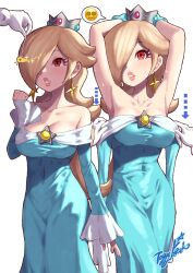 Rule 34 | 1girl, @ @, aqua dress, armpits, arms up, arrow (symbol), artist logo, bare shoulders, blonde hair, breasts, brooch, cleavage, collarbone, covered navel, crown, disembodied hand, dress, earrings, emoji, hair over one eye, highres, hypnosis, jewelry, large breasts, long dress, long hair, mario (series), mind control, mini crown, multiple views, nintendo, off-shoulder dress, off shoulder, pink lips, pink nails, red eyes, rosalina, simple background, smiley face, spoken emoji, star (symbol), star brooch, star earrings, super mario galaxy, toggy keiichi, undressing another, white background