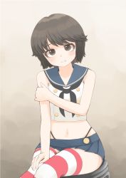 Rule 34 | 1girl, black hair, black neckerchief, black panties, blue sailor collar, blue skirt, brown eyes, commentary request, cosplay, cowboy shot, crop top, elbow gloves, gloves, highleg, highleg panties, highres, kantai collection, looking at viewer, microskirt, miniskirt, miyuki (kancolle), neckerchief, panties, pleated skirt, sailor collar, shimakaze (kancolle), shimakaze (kancolle) (cosplay), shirt, short hair, sitting, skirt, sleeveless, sleeveless shirt, solo, striped clothes, striped thighhighs, thighhighs, toplow, underwear, white gloves