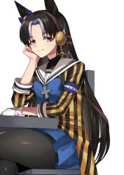 Rule 34 | 1girl, animal ears, armband, black coat, black hair, black pantyhose, blue armband, blue bow, blue bowtie, bow, bowtie, chair, coat, commentary request, cross ornament, crossed legs, ear bow, feet out of frame, fukuro (maruaru00), genderswap, genderswap (mtf), gloves, grin, hair intakes, hand on own cheek, hand on own face, head rest, headgear, highres, horse ears, horse girl, light purple hair, long hair, long sleeves, multicolored coat, original, pantyhose, personification, purple bow, purple eyes, reins, sailor collar, sideways glance, simple background, single glove, sitting, smile, solo, stay gold (racehorse), striped, striped coat, two-tone coat, umamusume, white background, white gloves, white sailor collar, yellow coat