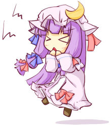 Rule 34 | &gt; &lt;, 1girl, bad id, bad pixiv id, chibi, crescent, dress, closed eyes, female focus, hand to own mouth, hat, long hair, natsuki (silent selena), patchouli knowledge, purple hair, solo, touhou, white background
