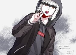 1girl black_hair black_jacket blunt_bangs brown_eyes candy casual collarbone colored_tips commentary_request dated dutch_angle food grey_hoodie hand_up holding holding_candy holding_food hood hood_up hooded_jacket hoodie jacket jouhou lollipop long_sleeves looking_at_viewer medium_hair multicolored_hair open_clothes open_jacket open_mouth red_nails satsuki_yomi solo supreme_(brand) toji_no_miko tongue tongue_out translation_request twitter_username white_hair