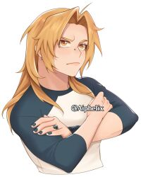 Rule 34 | 1boy, aiphelix, alternate costume, blonde hair, earrings, edward elric, fullmetal alchemist, grey nails, grey shirt, highres, jewelry, long hair, looking at viewer, male focus, nail polish, nose piercing, piercing, ring, shirt, simple background, upper body, white background, yellow eyes