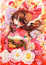 Rule 34 | 1girl, bow, brown eyes, brown hair, colored pencil (medium), dated, flower, hair bow, hair tubes, hakurei reimu, japanese clothes, kimono, long sleeves, looking at viewer, mosho, new year, obi, open mouth, painting (medium), petals, sash, signature, smile, solo, touhou, traditional media, watercolor (medium), wide sleeves
