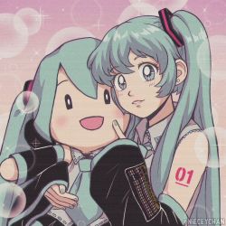 Rule 34 | 1girl, aqua eyes, aqua hair, aqua nails, aqua necktie, bare shoulders, black skirt, black sleeves, blush, character doll, cheek poking, commentary, detached sleeves, doll, earrings, english commentary, grey shirt, hair ornament, hatsune miku, holding, holding doll, jewelry, lipstick, long hair, looking at viewer, makeup, nail polish, necktie, nieceychan, open mouth, poking, retro artstyle, shirt, shoulder tattoo, skirt, sleeveless, sleeveless shirt, smile, solid oval eyes, sparkle, stuffed toy, tattoo, twintails, twitter username, very long hair, vocaloid