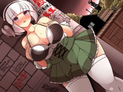 Rule 34 | 1girl, bare shoulders, blunt bangs, blush, breast suppress, breasts, cleavage, curvy, full-face blush, high-waist skirt, highres, konpaku youmu, large breasts, looking at viewer, meme attire, microskirt, nose blush, off shoulder, parted lips, pleated skirt, purple eyes, skirt, solo, standing, sweat, thighhighs, touhou, ueda katsuhito, virgin killer outfit, white hair, white thighhighs, wide hips, zettai ryouiki