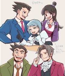 Rule 34 | 2girls, 3boys, ace attorney, ascot, bandaid, bandaid on face, black gloves, black hair, black vest, blue eyes, blue hair, blunt bangs, brown hair, closed mouth, collared shirt, dick gumshoe, earrings, facial hair, finger to face, formal, franziska von karma, gem, gloves, grey eyes, grey hair, hair intakes, hair ornament, half updo, hand on own chin, hanten (clothes), highres, index finger raised, jacket, japanese clothes, jewelry, juliet sleeves, kimono, long hair, long sleeves, looking at viewer, magatama, maya fey, miles edgeworth, mole, mole under eye, multiple boys, multiple girls, necklace, necktie, nono (norabi), open mouth, parted bangs, phoenix wright, puffy sleeves, purple jacket, red jacket, shirt, short hair, sidelocks, simple background, smile, stubble, suit, thick eyebrows, upper body, vest, white kimono, white shirt