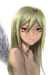 Rule 34 | 1boy, afuro terumi, androgynous, angel wings, bare shoulders, blonde hair, closed mouth, collarbone, inazuma eleven, inazuma eleven (series), lips, long hair, looking at viewer, male focus, nipples, red eyes, sgk, simple background, solo, straight hair, topless male, upper body, white background, wings