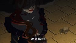 Rule 34 | 1girl, animated, anime screenshot, blue dress, bouncing breasts, breasts, carmilla (undead girl murder farce), center opening, cleavage, collarbone, dress, frilled dress, frills, highres, large breasts, lipstick, long hair, makeup, no bra, red hair, red lips, sound, subtitled, tagme, undead girl murder farce, veil, video, walking