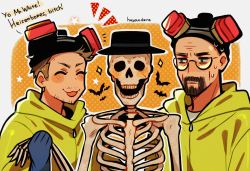 Rule 34 | 2boys, :3, ^ ^, animification, bat (animal), breaking bad, brown facial hair, closed eyes, english text, facial hair, gas mask, glasses, green eyes, highres, huyandere, jesse pinkman, jumpsuit, male focus, mask, mask on head, multiple boys, profanity, skeleton, sparkle, sweatdrop, tongue, tongue out, upper body, walter white, yellow jumpsuit