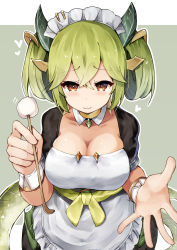 Rule 34 | :3, apron, dragonmaid (yu-gi-oh!), duel monster, ear cleaning, green hair, green horns, hair rings, highres, horns, lace-trimmed apron, lace trim, maid, mimikaki, outstretched hand, parlor dragonmaid, se-u-ra, twintails, yu-gi-oh!