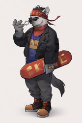 Rule 34 | 1boy, absurdres, arknights, black jacket, blue shirt, character name, commentary request, ear piercing, eyebrow piercing, furry, furry male, grey pants, headband, highres, holding, holding skateboard, hyena boy, hyena ears, hyena tail, jacket, looking at viewer, male focus, multicolored hair, pants, piercing, red headband, shirt, skateboard, spot (arknights), streaked hair, sunglasses, white background, yu zhu qwq