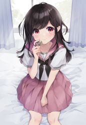 Rule 34 | 1girl, black bow, black bowtie, black hair, blush, bow, bowtie, clip studio paint (medium), closed mouth, coin, copyright request, curtains, holding, holding coin, holding money, indoors, long hair, looking at viewer, money, official art, on bed, orange eyes, pink sailor collar, pink serafuku, pink skirt, pleated skirt, sailor collar, sailor shirt, school uniform, serafuku, shirt, sitting, skirt, smile, solo, sunlight, uniform, white curtains, window, yukiko (tesseract)