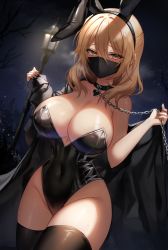 Rule 34 | 1girl, animal ears, bdsm, black choker, black jacket, black leotard, blonde hair, breasts, breath, chain, chain leash, choker, cleavage, collar, covered navel, exhibitionism, fake animal ears, gz (gyoju), hair between eyes, heart, heart choker, heart collar, heavy breathing, highleg, highleg leotard, highres, holding, holding chain, jacket, korean commentary, lamppost, large breasts, laura (the dictatorship of the labyrinth city), leash, leotard, long hair, mask, mouth mask, night, night sky, novel illustration, off shoulder, official art, original, outdoors, playboy bunny, public indecency, rabbit ears, shiny skin, sky, slave, sleeves past wrists, the dictatorship of the labyrinth city, thighhighs, thighs, tree, yellow eyes