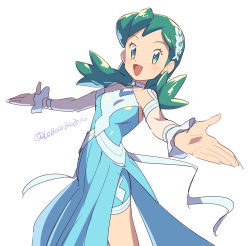 Rule 34 | 1girl, :d, blue dress, commentary request, creatures (company), dress, eyelashes, game freak, green eyes, green hair, hair ornament, happy, kris (pokemon), kris (sygna suit) (pokemon), long hair, looking at viewer, momoji (lobolobo2010), nintendo, official alternate costume, open mouth, outstretched arms, pokemon, pokemon masters ex, smile, solo, tongue, twitter username, white background, wrist cuffs