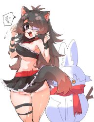 100maru 1girl animal_ears ass asymmetrical_gloves australian_devil_(kemono_friends) bikini black_gloves black_hair blush breasts brown_eyes dhole_(kemono_friends) empty_eyes extra_ears eyepatch fangs frilled_bikini frills gloves highres kemono_friends kemono_friends_3 large_breasts long_hair looking_at_viewer medical_eyepatch smile snowman solo swimsuit tasmanian_devil_ears tasmanian_devil_tail