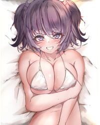 Rule 34 | 1girl, absurdres, bed sheet, bikini, blush, breasts, cleavage, collarbone, grin, highres, hii (mzgu8388), idolmaster, idolmaster shiny colors, large breasts, looking at viewer, lying, navel, on back, purple eyes, purple hair, skindentation, smile, solo, string bikini, swimsuit, tanaka mamimi, twintails, upper body