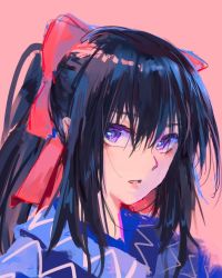 Rule 34 | 1girl, black hair, blue dress, bow, dress, hair between eyes, hair bow, looking at viewer, noccu, noihara himari, omamori himari, parted lips, pink background, ponytail, purple eyes, red bow, simple background, solo