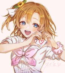Rule 34 | 1girl, a song for you! you? you!, blue eyes, blush, commentary request, flower, ghtnh5110, hair between eyes, hair flower, hair ornament, heart, heart hands, highres, io (sinking=carousel), kosaka honoka, long hair, looking at viewer, love live!, love live! school idol project, one side up, open mouth, orange hair, pink ribbon, ribbon, scrunchie, shirt, short sleeves, smile, solo, teeth, upper teeth only, white ribbon, white shirt, wrist scrunchie, yellow flower
