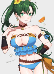 Rule 34 | 1girl, alternate costume, bikini, blue bikini, breasts, cleavage, closed mouth, collarbone, commentary, earrings, female focus, fingernails, fire emblem, fire emblem: the blazing blade, fire emblem heroes, food, frilled bikini, frills, fruit, gluteal fold, green eyes, green hair, grey background, hand on own hip, highres, jewelry, large breasts, long hair, looking at viewer, lyn (fire emblem), lyn (summer) (fire emblem), navel, nintendo, official alternate costume, orange (fruit), orange slice, peach11 01, ponytail, simple background, smile, solo, stomach, swimsuit, twitter username, very long hair