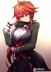 Rule 34 | 1girl, butler, elesis (elsword), elsword, female butler, fi-san, formal, gloves, gradient background, hair between eyes, heart, heart-shaped pupils, long hair, looking at viewer, red eyes, red hair, ribbon, smile, solo, standing, suit, symbol-shaped pupils, tailcoat