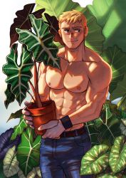 Rule 34 | 1boy, abs, bara, blonde hair, blush, bulge, denim, facial hair, flower pot, goatee, highres, holding, holding flower pot, holding pot, jeans, large pectorals, looking to the side, male focus, mocucumo, muscular, muscular male, navel, nipples, original, pants, pectorals, plant, pot, potted plant, scar, scar on face, scar on nose, short hair, smile, solo, topless male