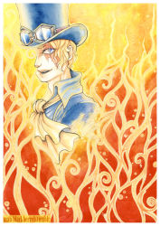 Rule 34 | 1boy, blonde hair, fire, hat, highres, male focus, one piece, sabo (one piece), solo, top hat