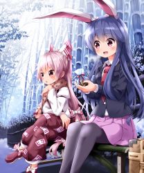 Rule 34 | &gt;:o, 2girls, :o, animal ears, bag, bamboo, bamboo forest, basket, bench, black jacket, black legwear, blazer, blush, bow, brown scarf, buttons, candy, chestnut mouth, chocolate, chocolate heart, collared shirt, crossed legs, fence, food, forest, fujiwara no mokou, hair bow, hand on own chin, heart, highres, holding, holding bag, jacket, juliet sleeves, long hair, long sleeves, multiple girls, nature, necktie, ofuda, open mouth, outdoors, pants, pantyhose, path, pink eyes, pink hair, pink skirt, plant, pleated skirt, puffy sleeves, purple hair, rabbit ears, red eyes, red footwear, red necktie, red pants, reisen udongein inaba, road, ruu (tksymkw), scarf, shirt, shoes, sidelocks, sitting, skirt, touhou, v-shaped eyebrows, very long hair, white bow, white shirt, wing collar, yuri