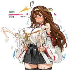Rule 34 | 10s, 1girl, ahoge, bare shoulders, breasts, brown hair, bursting breasts, covered erect nipples, embarrassed, grey eyes, hairband, huge breasts, japanese clothes, kancolle arcade, kantai collection, kongou (kancolle), lactation, lactation through clothes, long hair, nontraditional miko, pussy juice, sachito, skirt, solo, sweat, sweatdrop, translation request