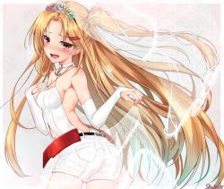 Rule 34 | 1girl, azur lane, backless dress, backless outfit, belt, blonde hair, blush, breasts, bridal gauntlets, bridal veil, cleveland (azur lane), commentary request, denim, denim shorts, dress, embarrassed, floating hair, flower, from behind, gloves, hair between eyes, hair flower, hair ornament, hairclip, long hair, looking at viewer, one side up, open mouth, parted bangs, pocket, red eyes, ribbon, sazamiso rx, see-through, shorts, sidelocks, signature, small breasts, smile, solo, tsurime, twisted torso, veil, very long hair, wedding dress, white gloves, white ribbon, white shorts