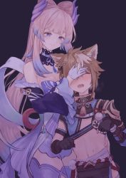 Rule 34 | 1boy, 1girl, animal ears, aqua hair, armor, black background, black gloves, blush, bow, breasts, brown hair, cleavage, commentary request, detached sleeves, dog boy, dog ears, genshin impact, gloves, gorou (genshin impact), hair ornament, hand over another&#039;s eyes, highres, japanese armor, japanese clothes, long hair, medium breasts, multicolored hair, open mouth, paw pose, paw print, pink hair, purple hair, purple thighhighs, sangonomiya kokomi, simple background, smile, sweat, thighhighs, very long hair, white gloves, white hair, wide sleeves, yamabuki (yamabuki xxxxx)