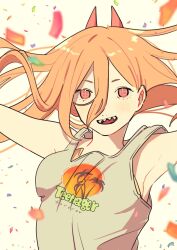 Rule 34 | 1girl, armpits, breast padding, chainsaw man, commentary request, confetti, cross-shaped pupils, english text, engrish text, grey tank top, gurukousu, hair between eyes, highres, horns, open mouth, orange hair, outstretched arms, power (chainsaw man), ranguage, red eyes, red horns, sharp teeth, smile, solo, symbol-shaped pupils, tank top, teeth, upper body