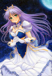 Rule 34 | 1girl, august soft, bow, breasts, choker, crown, detached collar, dress, elbow gloves, fd (fd sanmaru), feena fam earthlight, gloves, green eyes, highres, jewelry, large breasts, light purple hair, long hair, looking at viewer, moon, own hands clasped, own hands together, princess, puffy short sleeves, puffy sleeves, purple hair, short sleeves, solo, tiara, white gloves, yoake mae yori ruri iro na