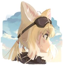 Rule 34 | 1girl, animal ears, arknights, blonde hair, bruise, bruise on face, closed mouth, commentary, eyewear on head, film grain, fox ears, fox girl, goggles, goggles on head, green eyes, highres, injury, kattowu, looking to the side, multicolored hair, portrait, solo, suzuran (arknights), suzuran (lostlands flowering) (arknights), twintails, two-tone hair, white hair