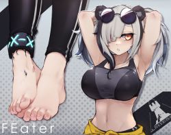 Rule 34 | 1girl, :o, absurdres, animal ears, anklet, arknights, armpits, arms behind head, arms up, barefoot, bear ears, black hair, black pants, blush, character name, clothes around waist, collarbone, commentary, english commentary, eyebrows hidden by hair, eyewear on head, feater (arknights), feater (dojo star) (arknights), feet, foot focus, gradient background, grey background, hair over one eye, highres, infection monitor (arknights), jewelry, k-rha&#039;s, long hair, looking at viewer, material growth, multicolored hair, multiple views, navel, official alternate costume, oripathy lesion (arknights), pants, parted lips, red eyes, rhodes island logo (arknights), silver hair, sports bra, stomach, sunglasses, sweat, thick eyebrows, toes, twintails, two-tone hair, yoga pants