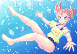 Rule 34 | 1girl, aqua eyes, barefoot, blush, brown hair, bubble, closed mouth, collarbone, eyebrows, feet, female focus, full body, hair ornament, hair ribbon, legs apart, long hair, looking at viewer, lowres, one-piece swimsuit, outstretched hand, ribbon, sakura trick, smile, solo, sonoda yuu, swimsuit, toes, twintails, underwater, water