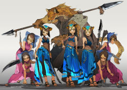Rule 34 | 1boy, 6+girls, arabian clothes, artist name, body fur, bracelet, cheetah ears, claws, demizu posuka, dual wielding, fighting stance, furry, glaive (polearm), gold, gun, holding, holding weapon, jewelry, midriff, multiple girls, navel, necklace, original, polearm, ponytail, skirt, smile, sword, weapon