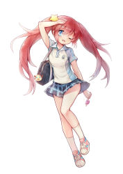 Rule 34 | 1girl, absurdres, bag, blue eyes, charm (object), food, full body, hair ornament, hand on own head, highres, long hair, miniskirt, one eye closed, original, plaid, plaid skirt, polo shirt, popsicle, red hair, shoes, skirt, sneakers, solo, star (symbol), star hair ornament, touming renjian, twintails