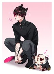 Rule 34 | 1boy, animal ears, arm tattoo, black footwear, black hair, black shirt, blush, boots, border, closed eyes, commentary, drooling, earrings, english commentary, gradient background, gradient hair, grey hair, grey pants, highres, jewelry, long sleeves, male focus, multicolored hair, necklace, nijisanji, nijisanji en, open mouth, pants, parted bangs, parted lips, pawpads, pink background, plaid, plaid pants, red eyes, red hair, shirt, short hair, simple background, sitting, sleeping, sleeping upright, sleeves rolled up, solo, squatting, streaked hair, swept bangs, tail, tattoo, tiger, tiger boy, tiger ears, tiger tail, turtleneck, ver vermillion, villion (ver vermillion), virtual youtuber, white border, white tiger, yoy (0yyoyy0), zzz