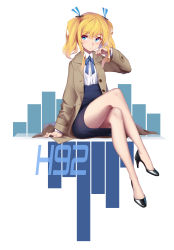 Rule 34 | 1girl, absurdres, alternate costume, arm at side, arnold-s, bad id, bad pixiv id, bar graph, bare legs, black footwear, blonde hair, blue eyes, blue ribbon, blue skirt, blush, brown coat, closed mouth, coat, collared shirt, crossed legs, feet, full body, glowworm (warship girls r), hand up, high-waist skirt, high heels, highres, legs, long sleeves, looking at viewer, marchen awakens romance, neck ribbon, no socks, open clothes, open coat, pencil skirt, pumps, ribbon, shirt, shoes, short hair with long locks, short twintails, sidelocks, sitting, skirt, solo, thighs, twintails, unbuttoned, warship girls r, white background, white shirt, wing collar