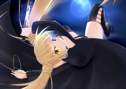 Rule 34 | 1girl, black coat, black footwear, blonde hair, blue eyes, boots, clothing cutout, coat, eyepatch, floating hair, full moon, heterochromia, holding, holding knife, knife, long hair, long sleeves, looking at viewer, moon, nakatsu shizuru, night, outdoors, rewrite, shoulder cutout, solo, tagame (tagamecat), thigh boots, thighhighs, twintails, unworn eyepatch, v-shaped eyebrows, very long hair, yellow eyes