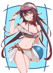 Rule 34 | 1girl, absurdres, adjusting clothes, adjusting headwear, ball, bare shoulders, beachball, bikini, breasts, brown hair, cleavage, commentary request, cowboy shot, genshin impact, grin, hand up, head tilt, highres, holding, holding ball, holding beachball, hu tao (genshin impact), long hair, looking at viewer, navel, off-shoulder bikini, off shoulder, orange eyes, quietmrcat, sarong, small breasts, smile, solo, standing, stomach, swimsuit, thighs, very long hair, visor cap
