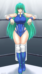 Rule 34 | 1girl, absurdres, aqua eyes, artist name, blue footwear, blue one-piece swimsuit, blush, boots, breasts, closed mouth, commission, competition swimsuit, full body, green hair, highres, knee boots, kochiya sanae, large breasts, long hair, looking at viewer, necktie, one-piece swimsuit, pixiv commission, shetake, signature, smile, solo, sweat, swimsuit, touhou, wide hips, yellow necktie