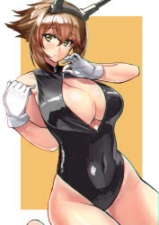 Rule 34 | 10s, 1girl, black one-piece swimsuit, breasts, brown hair, chromatic aberration, cleavage, cleavage cutout, clothing cutout, competition swimsuit, curvy, female focus, front zipper swimsuit, gloves, green eyes, headgear, kantai collection, large breasts, looking at viewer, meme attire, mutsu (kancolle), navel, one-piece swimsuit, open clothes, outside border, short hair, simple background, skindentation, smile, solo, swimsuit, takamura wamu, thighs, unzipped, zipper