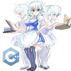 Rule 34 | apron, black footwear, black thighhighs, blue eyes, blue skirt, blue vest, braid, breasts, buttons, c++, closed mouth, collared shirt, frilled apron, frilled skirt, frills, full body, hand on own hip, high heels, highres, izayoi sakuya, large breasts, looking at viewer, maid, maid headdress, medium hair, profitshame, puffy short sleeves, puffy sleeves, shirt, short sleeves, simple background, skirt, skirt set, smile, thighhighs, touhou, twin braids, vest, waist apron, white background, white shirt