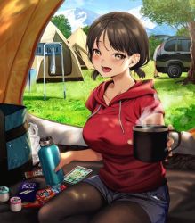 Rule 34 | 1girl, bad id, bad twitter id, blush, breasts, brown eyes, brown hair, coffee mug, commentary request, cup, day, denim, denim shorts, flask, grass, hood, hood down, hoodie, large breasts, looking at viewer, low twintails, mountainous horizon, mug, nature, original, outdoors, outstretched hand, pantyhose, samemanma, scenery, seiza, short twintails, shorts, sitting, solo focus, steam, tent, twintails