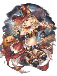 Rule 34 | 1girl, :d, alternate costume, black gloves, black hairband, blonde hair, blue eyes, broom, candy, detached collar, detached sleeves, food, gloves, granblue fantasy, hairband, halloween, happy halloween, hat, highres, looking at viewer, midriff, night, night sky, official alternate costume, open mouth, polearm, shimatani azu, sky, smile, spear, stomach, thighhighs, twintails, weapon, witch hat, wrapped candy, zeta (granblue fantasy), zeta (halloween) (granblue fantasy)