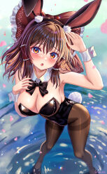 Rule 34 | 1girl, animal ears, black bow, black bowtie, black footwear, black leotard, black pantyhose, bow, bowtie, breasts, brown hair, cleavage, detached collar, frilled bow, frills, hair bow, hakurei reimu, highres, large breasts, leaning forward, leotard, medium hair, orange eyes, pantyhose, playboy bunny, rabbit ears, rabbit tail, red bow, rouge (my rouge), solo, strapless, strapless leotard, tail, thighband pantyhose, touhou, wrist cuffs