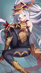 Rule 34 | 1girl, armor, bare shoulders, black bodysuit, bodysuit, boots, breastplate, elbow gloves, gloves, granblue fantasy, green background, hands on own knee, headpiece, highres, knee boots, knee up, kneehighs, long hair, looking at viewer, medusa (shingeki no bahamut), orange eyes, parted lips, pointy ears, shingeki no bahamut, simple background, smile, socks, solo, tail, taishi (picchiridou), very long hair, white hair