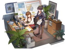Rule 34 | 2girls, ahoge, black hair, blouse, breasts, brown eyes, brown hair, business suit, cabinet, carpet, chair, cleavage, coffee cup, computer, cup, desk, disposable cup, formal, hand on another&#039;s shoulder, hand on own head, holding, holding paper, indoors, jacket, jewelry, keyboard (computer), looking at another, low twintails, medium breasts, meinoss, monitor, mouse (computer), multiple girls, necklace, office, office chair, office lady, open mouth, orange eyes, original, pantyhose, paper, pencil skirt, plant, potted plant, printer, shirt, sitting, skirt, skirt suit, standing, suit, swivel chair, twintails, white shirt